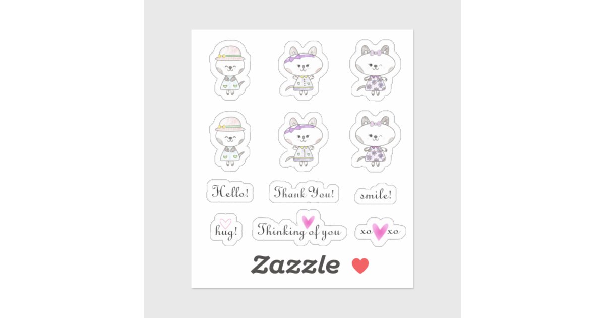 Hello Hug Sweet Sentiments and Cute Cats Set Sticker | Zazzle