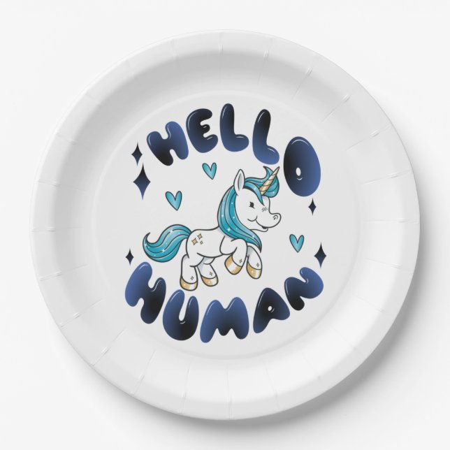 Hello human Lovely Unicorn Paper Plates (Front)