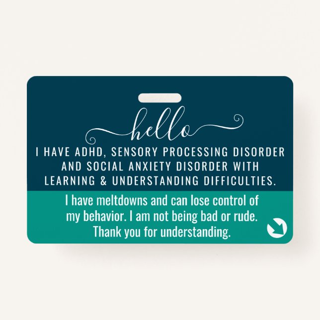 hello i have TOURETTE SYNDROME disability id Badge (Front)