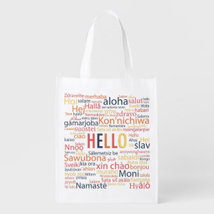 Hello in different language. grocery bag