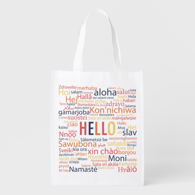 Hello in different language. grocery bag (Front)