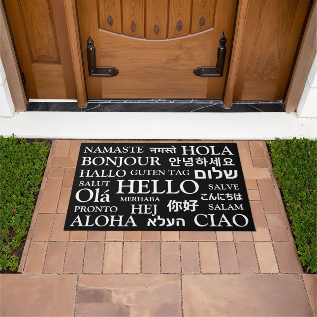 Hello in different languages black white elegant doormat (Outdoor)