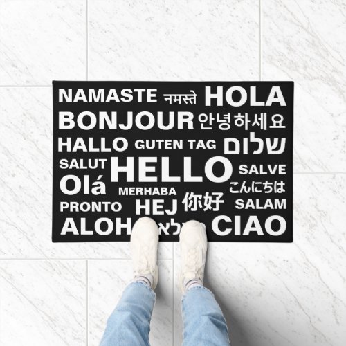 Hello in different languages black white modern doormat