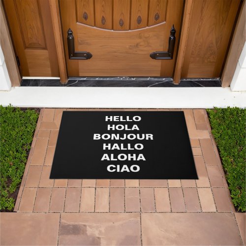 Hello in different languages custom text black doormat
