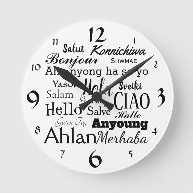 Hello in Different Languages Word Art Wall Clock (Front)