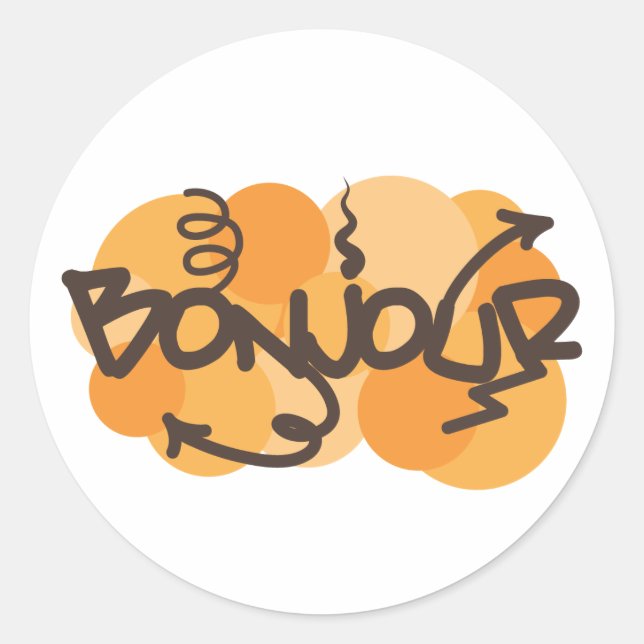 Hello in French Bonjour graffiti Classic Round Sticker (Front)