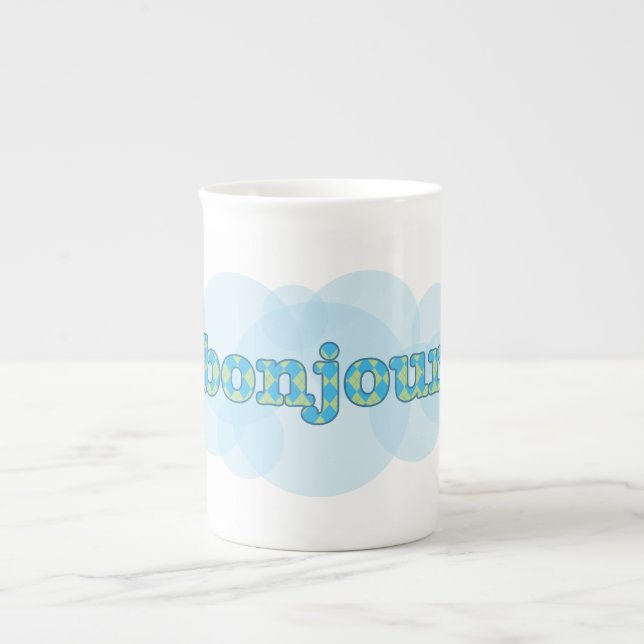 Hello in french bonjour with  argyle pattern bone china mug (Front)