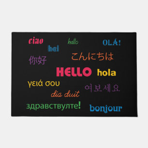 Hello in Many Languages Colorful Pink Blue Doormat