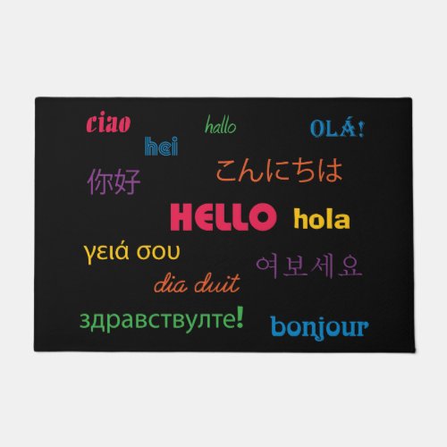 Hello in Many Languages Colorful Pink Blue Doormat