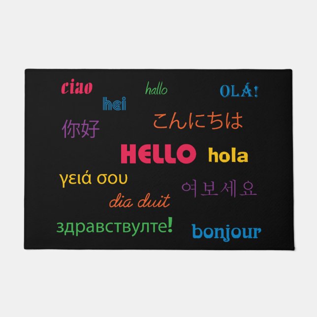 Hello in Many Languages Colorful Pink Blue Doormat (Front)