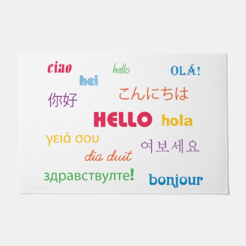 Hello in Many Languages Colorful White Doormat