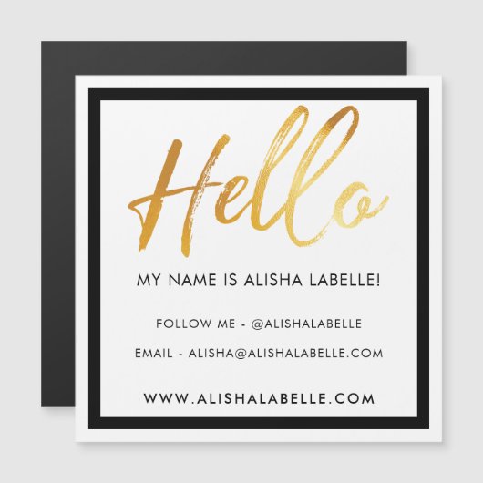Hello Introduction Gold Brush Script & Black Frame (Front/Back)