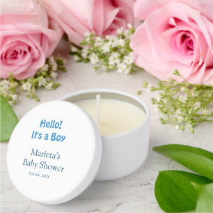 Hello ITS A BOY BABY SHOWER BLUE NAME DATE SIMPLE Mini Candle Favors