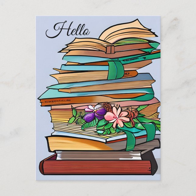 Hello, Keeping in Touch | Stack of Books Postcard (Front)