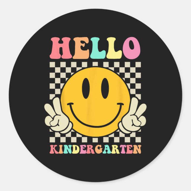 Hello Kindergarten Back To School Groovy Teacher S Classic Round Sticker (Front)