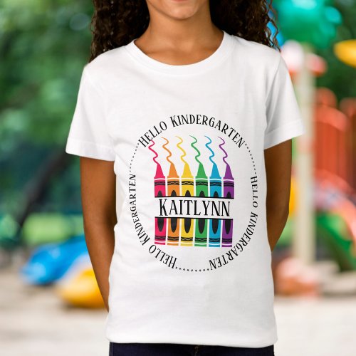 Hello Kindergarten Crayon Name Design Custom Child T_Shirt