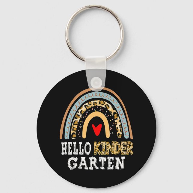 Hello Kindergarten Leopard Rainbow Back To School  Keychain (Front)
