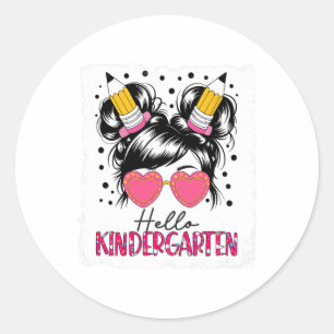 Hello Kindergarten Messy Bun Girls Back To School Classic Round Sticker