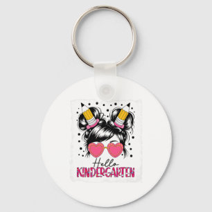 Hello Kindergarten Messy Bun Girls Back To School Keychain