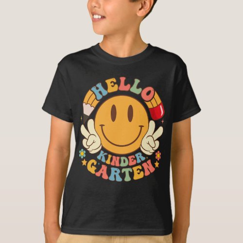 Hello Kindergarten Pencil Smile Groovy First Day  T_Shirt