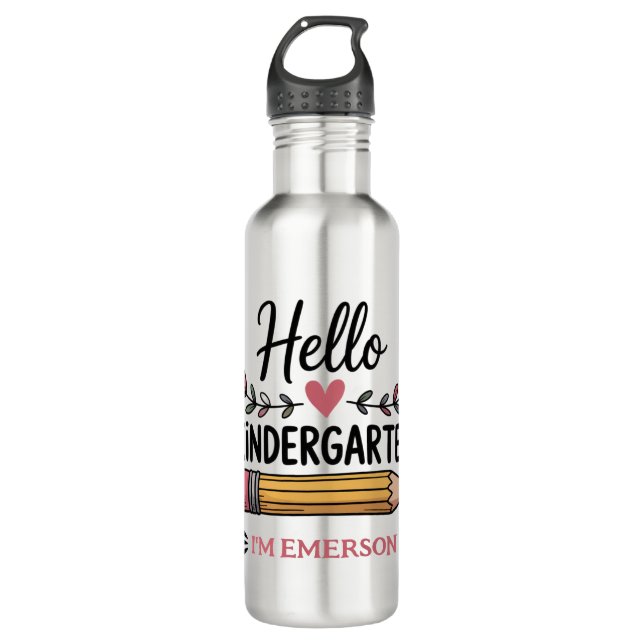 Hello Kindergarten Personalized Back To School Stainless Steel Water Bottle (Front)