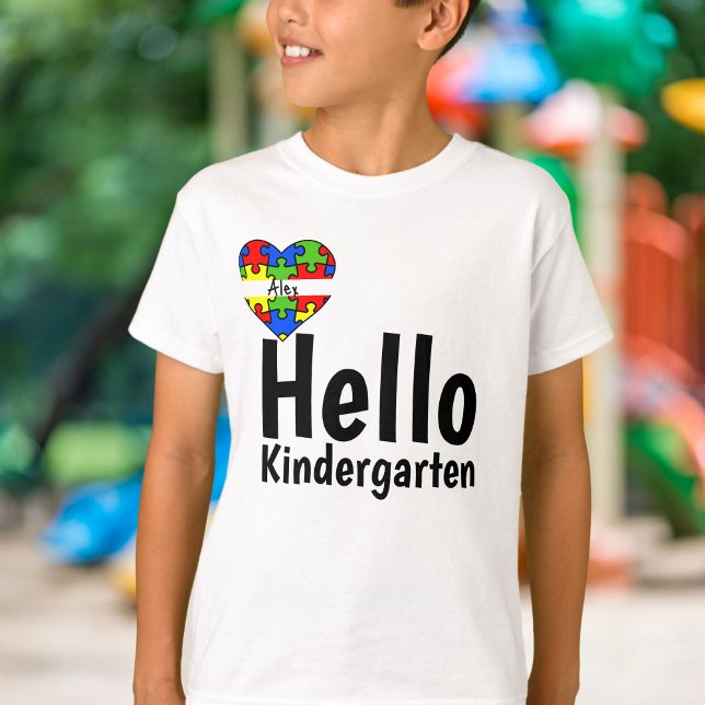 Hello Kindergarten Puzzle Pieces Custom Name Heart T-Shirt (Creator Uploaded)