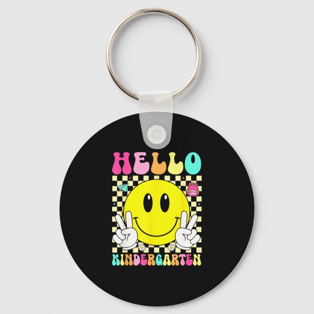 Hello kindergarten retro smile face back to school keychain (Front)