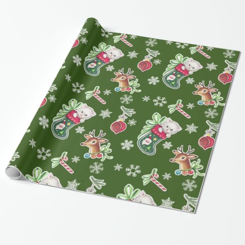 Hello Kitten Christmas Wrapping Paper in Green