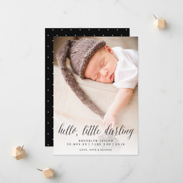 Hello Little Darling Modern Minimalist Photo Birth Announcement (Front/Back In Situ)