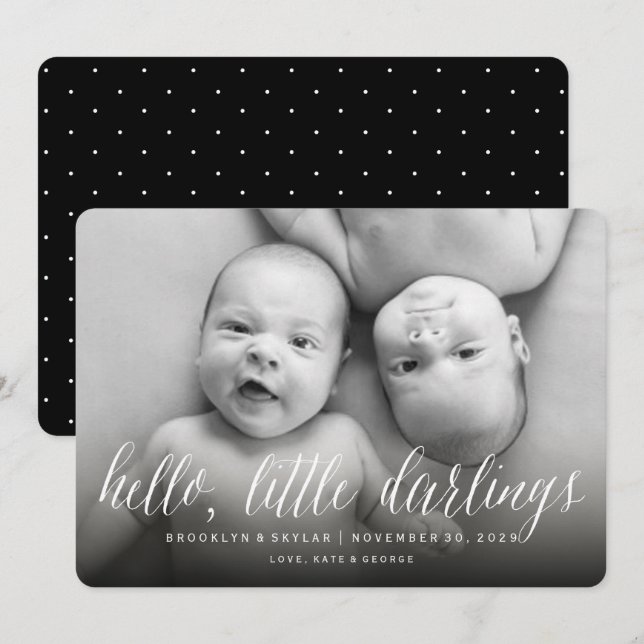 Hello Little Darlings Modern Twins Photo Birth Announcement (Front/Back)
