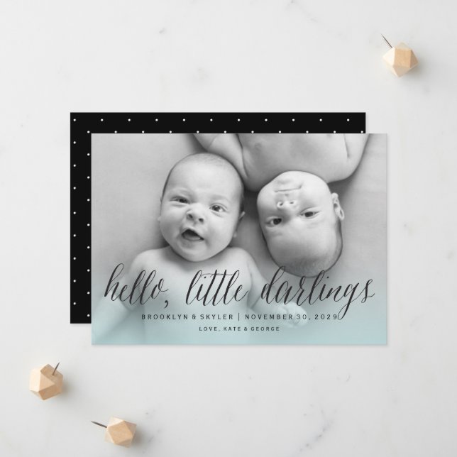 Hello Little Darlings Twin Boys Modern Photo Birth Announcement (Front/Back In Situ)
