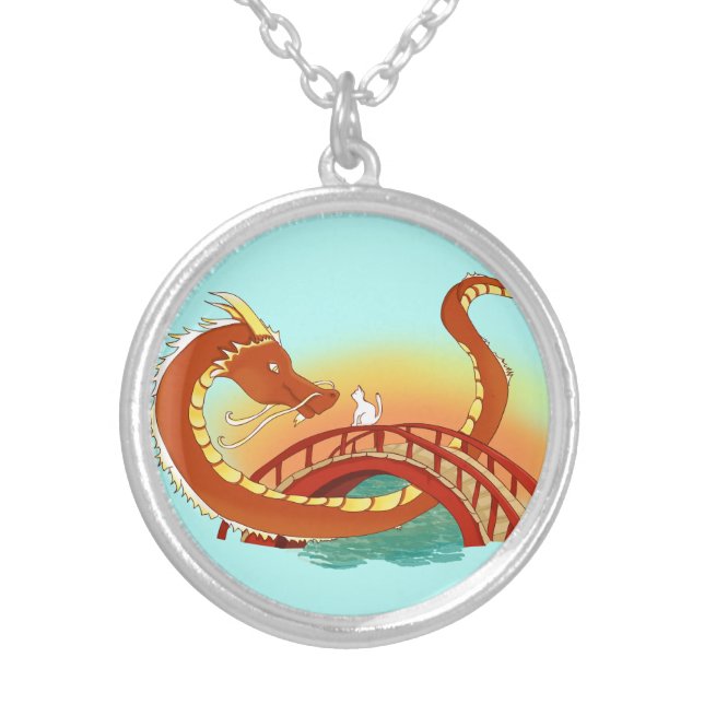 Hello Little Friend Dragon Meets Cat Silver Plated Necklace (Front)