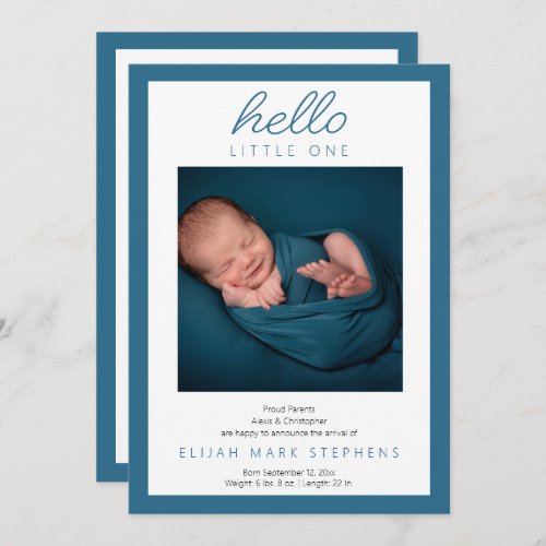 Hello Little One _ 2 Photo Baby Boy Blue Birth Announcement