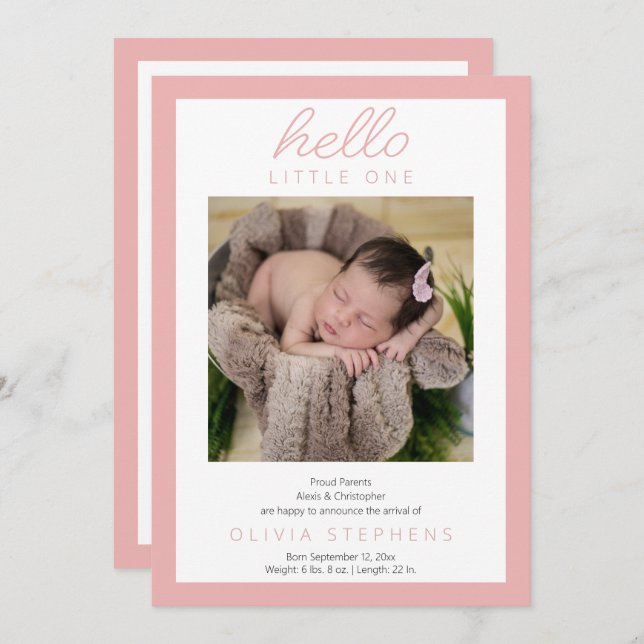 Hello Little One - 2 Photo Baby Girl Pink Birth Announcement (Front/Back)