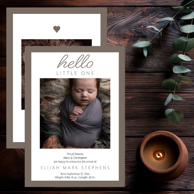 Hello Little One - 2 Photo Baby Neutral Birth Announcement ("Hello Little One" 2 Photo Baby Greige and White Neutral Birth Announcement)