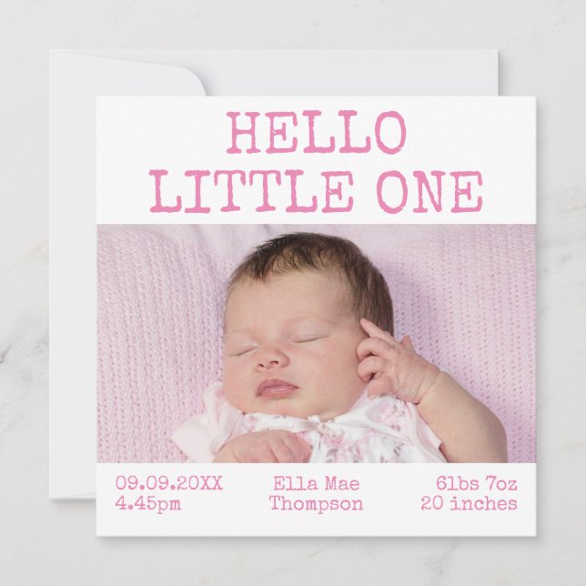 Hello Little One 2 Photo Name Date Baby Girl Announcement (Front)