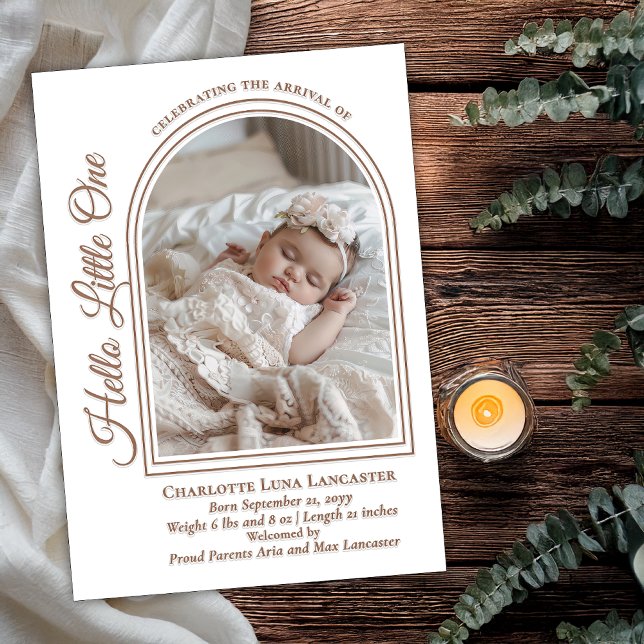 Hello Little One Arched Photo Birth Announcement (Arched Photo Elegant Script "Hello Little One" Luxury Letterpress Birth Announcement - Girl or Boy)