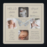 Hello Little One Baby Four Photo Square Wall Clock<br><div class="desc">Create a keepsake you can cherish for a lifetime with this "Hello Little One" four photo design featuring your baby's name, birth statistics, parents and siblings' names. In the center are two template lines for your personal message or you can use ours. This messaging is on top and bottom of...</div>