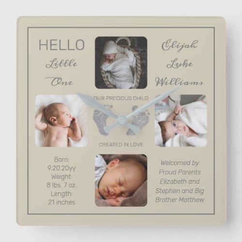 Hello Little One Baby Four Photo Square Wall Clock