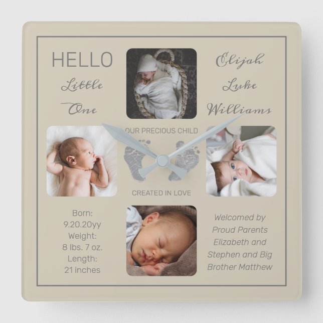 Hello Little One Baby Four Photo Square Wall Clock (Front)