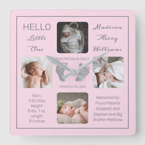 Hello Little One Baby Four Photo Square Wall Clock