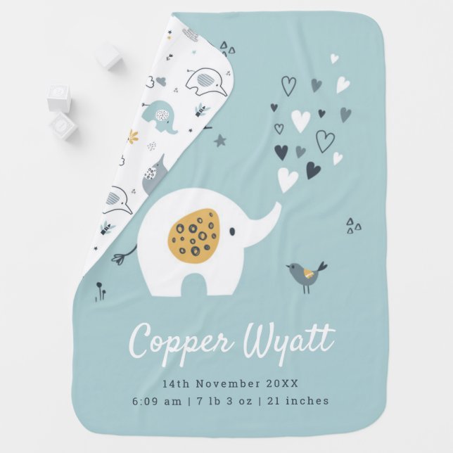 Hello Little One Cute Baby Elephant Birth Stats Blanket (In Situ)
