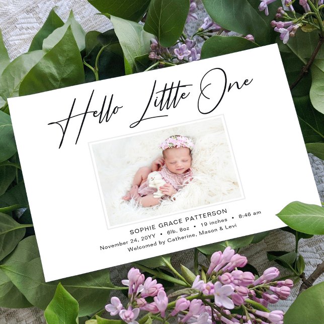 Hello Little One Elegant Script Photo Birth Announcement (Creator Uploaded)