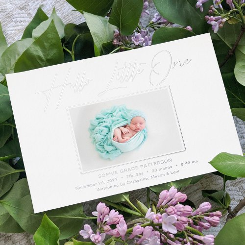 Hello Little One Elegant Script Photo Birth Foil Holiday Card