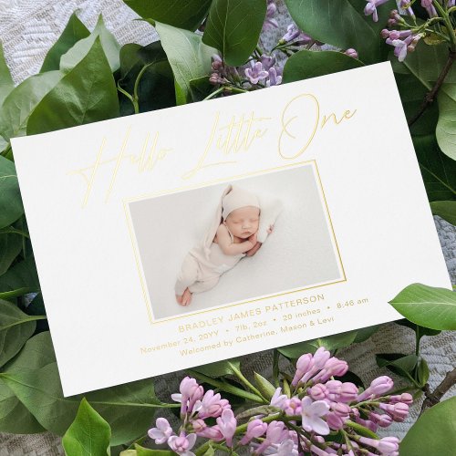 Hello Little One Elegant Script Photo Birth Foil Holiday Card