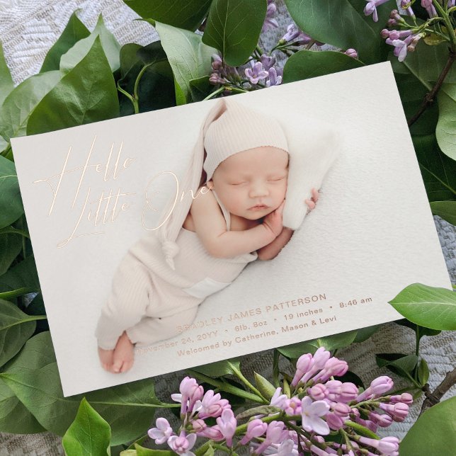 Hello Little One Elegant Script Photo Birth Foil Holiday Card (Creator Uploaded)