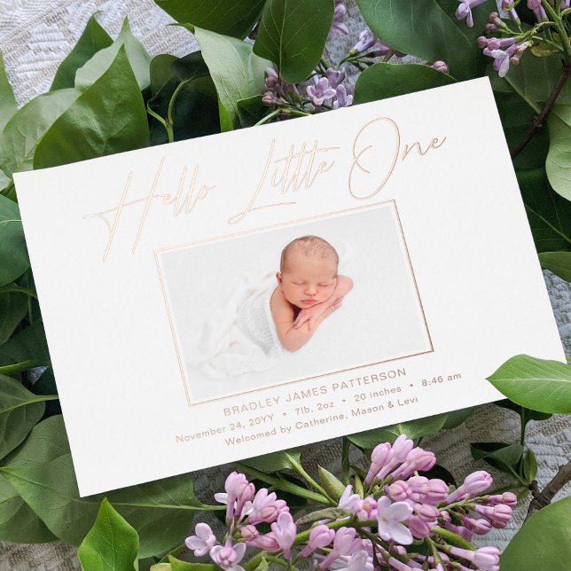 Hello Little One Elegant Script Photo Birth Foil Holiday Card (Creator Uploaded)