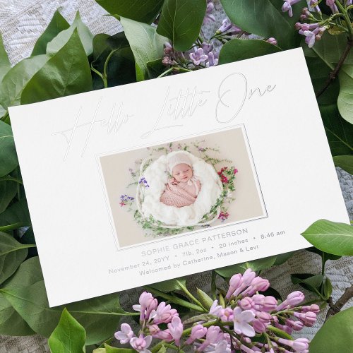 Hello Little One Elegant Script Photo Birth Foil Holiday Card