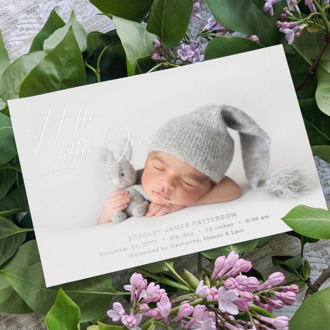 Hello Little One Elegant Script Photo Birth Foil Holiday Card (Creator Uploaded)