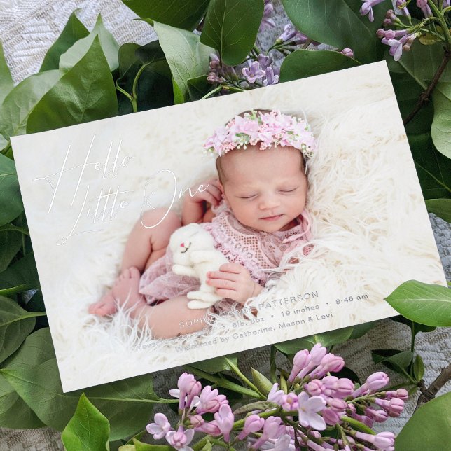 Hello Little One Elegant Script Photo Birth Foil Holiday Card (Creator Uploaded)